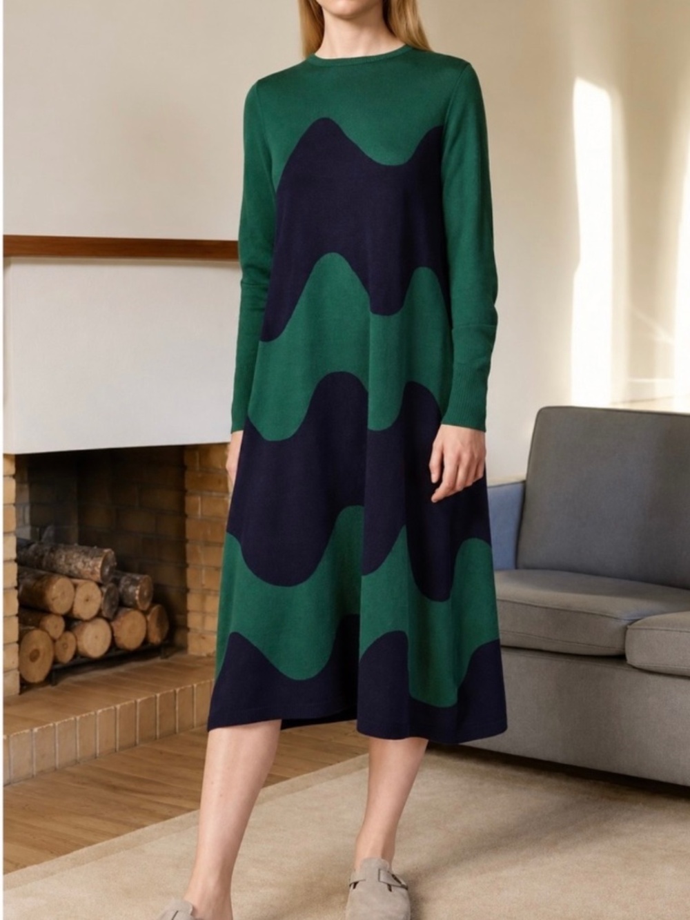 Marimekko x Uniqlo Wool Blend Wave Knit Midi Sweater Dress Green Navy S